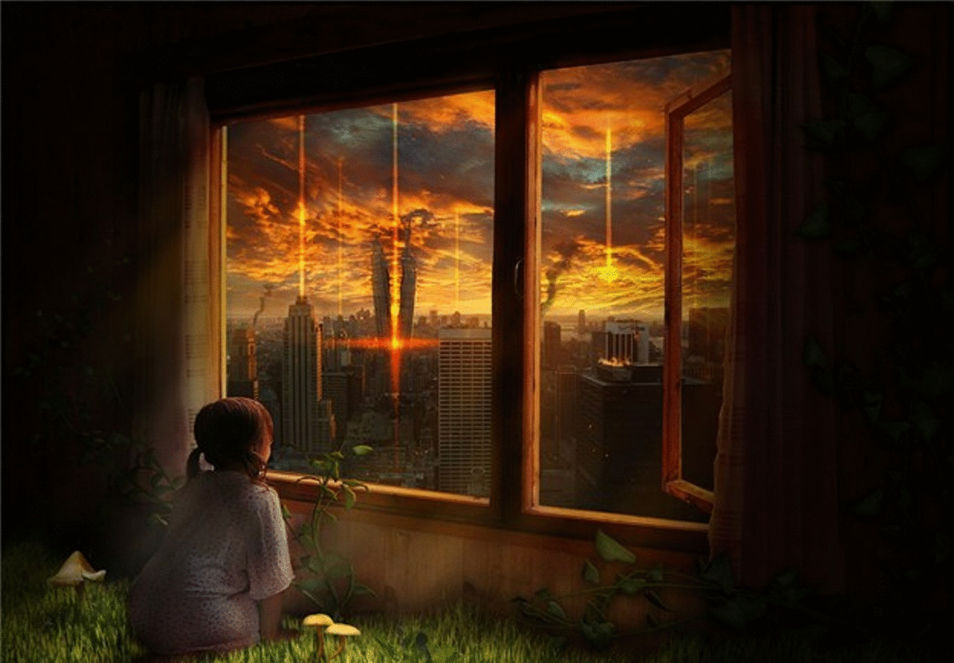 A child sits indoors, looking out a window at a fiery apocalyptic cityscape with dark, sci-fi skyscrapers and an ominous sky.