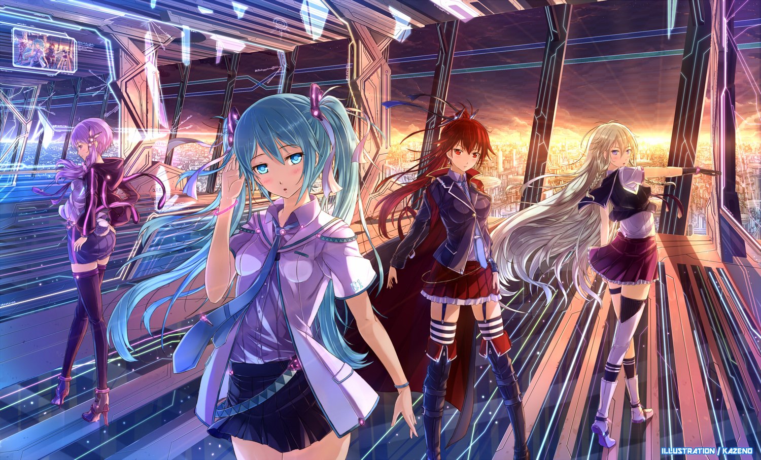 Four anime characters stand in a futuristic setting, showcasing vibrant colors and dynamic outfits, embodying the spirit of Vocaloid style. The scene captures a lively, energetic atmosphere.