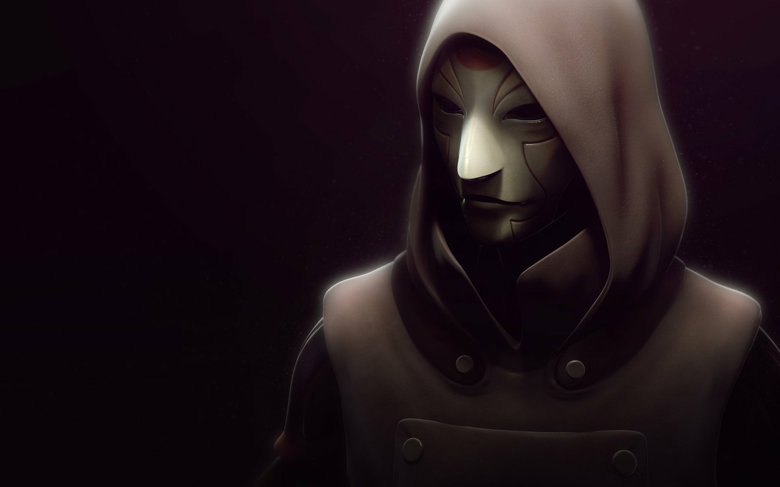 A dark, moody portrait of Amon from Avatar: The Legend of Korra, wearing a hood and mask inspired by Noatak’s anime-style design.
