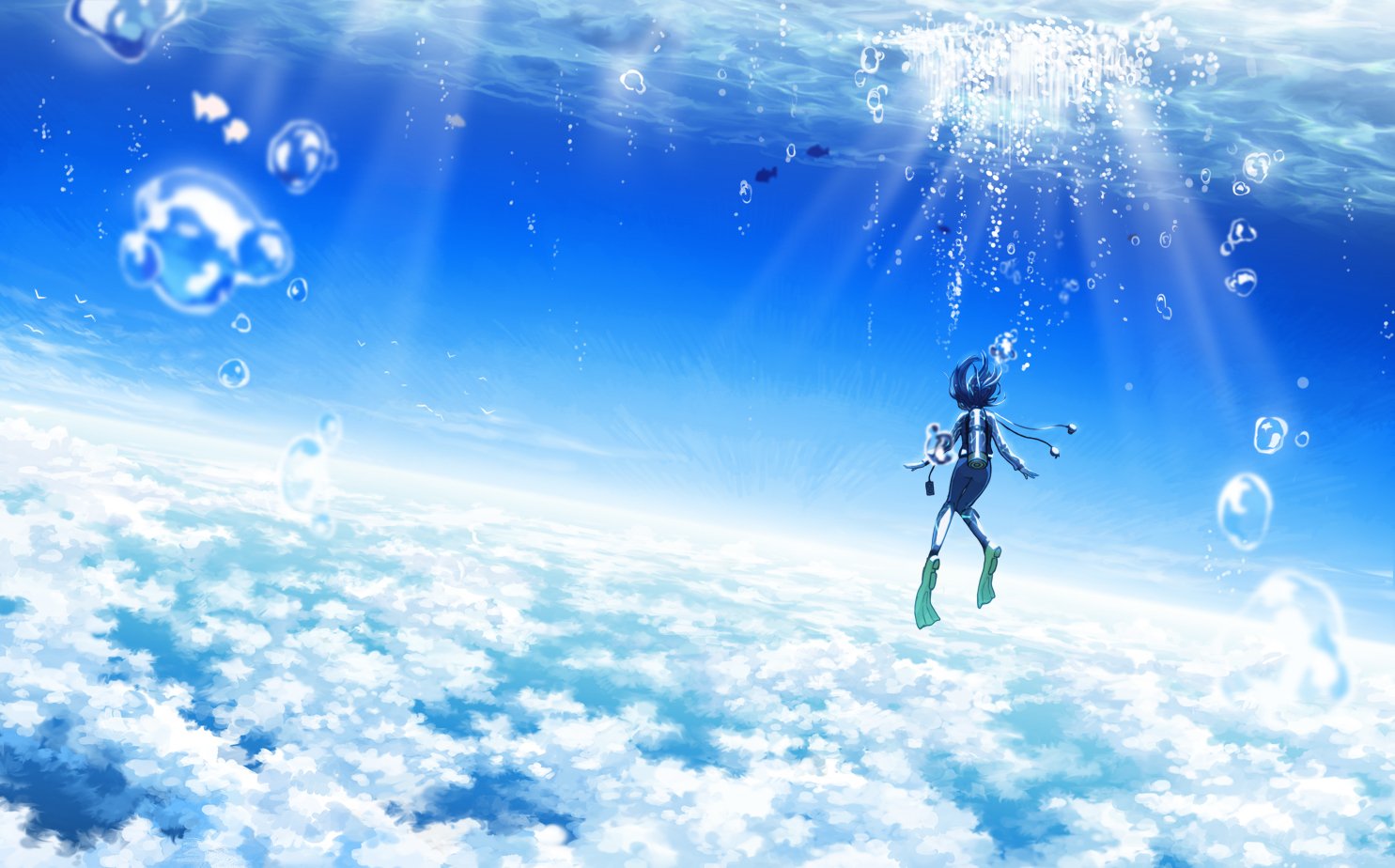 Anime-style underwater scene blending sea and sky, showing a diver surrounded by bubbles and clouds beneath a bright, sunlit blue sky.