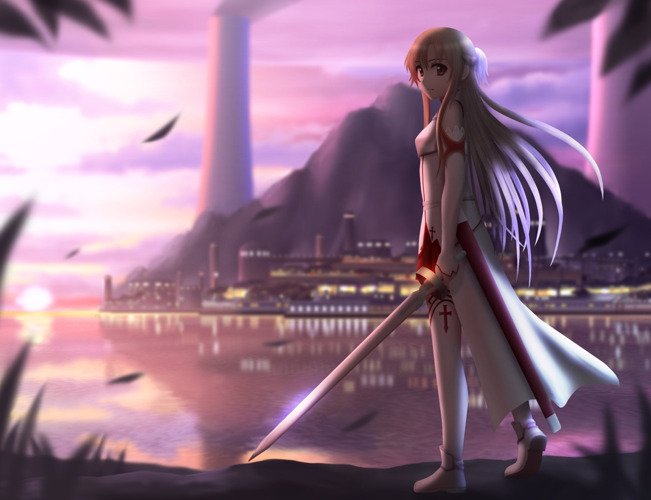 Asuna Yuuki stands confidently with a sword in hand, set against a serene sunset backdrop, reflecting her role in Sword Art Online. Vibrant colors enhance the epic scene.