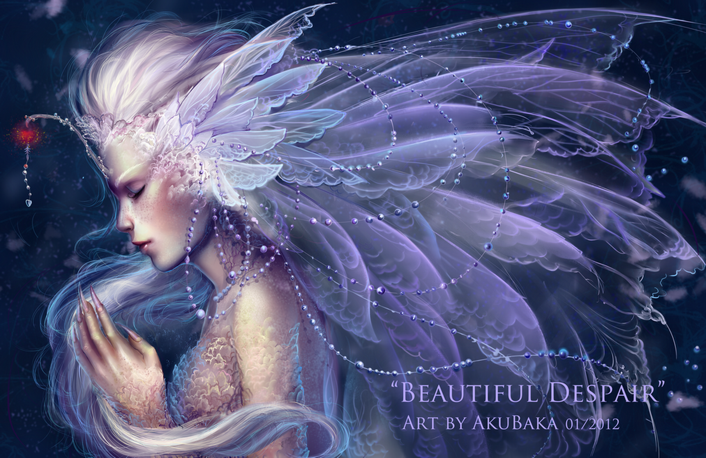 A fantasy woman with ethereal, translucent wings and flowing hair, surrounded by shimmering particles in a mystical, dark blue atmosphere.