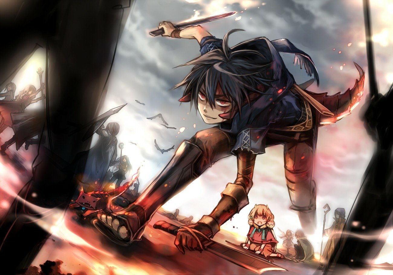 Dynamic Anime scene from Pixiv Fantasia featuring a fierce warrior crouched on the ground, preparing for battle with a fiery weapon, against a dramatic sky backdrop.