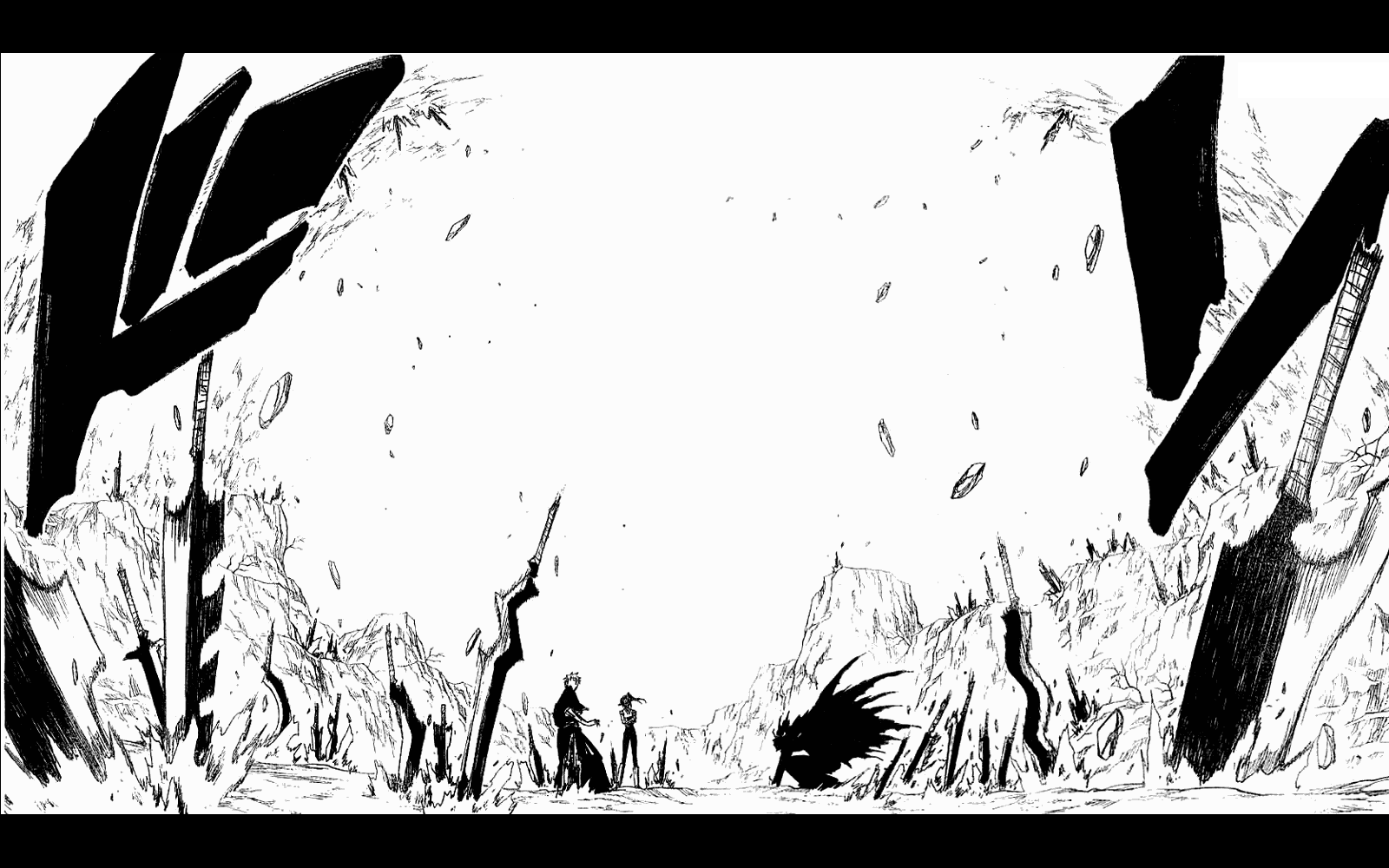 Black-and-white manga panel from Bleach featuring Yoruichi Shihôin, Ichigo Kurosaki, and Zangetsu amidst a chaotic battle scene with dynamic energy effects.