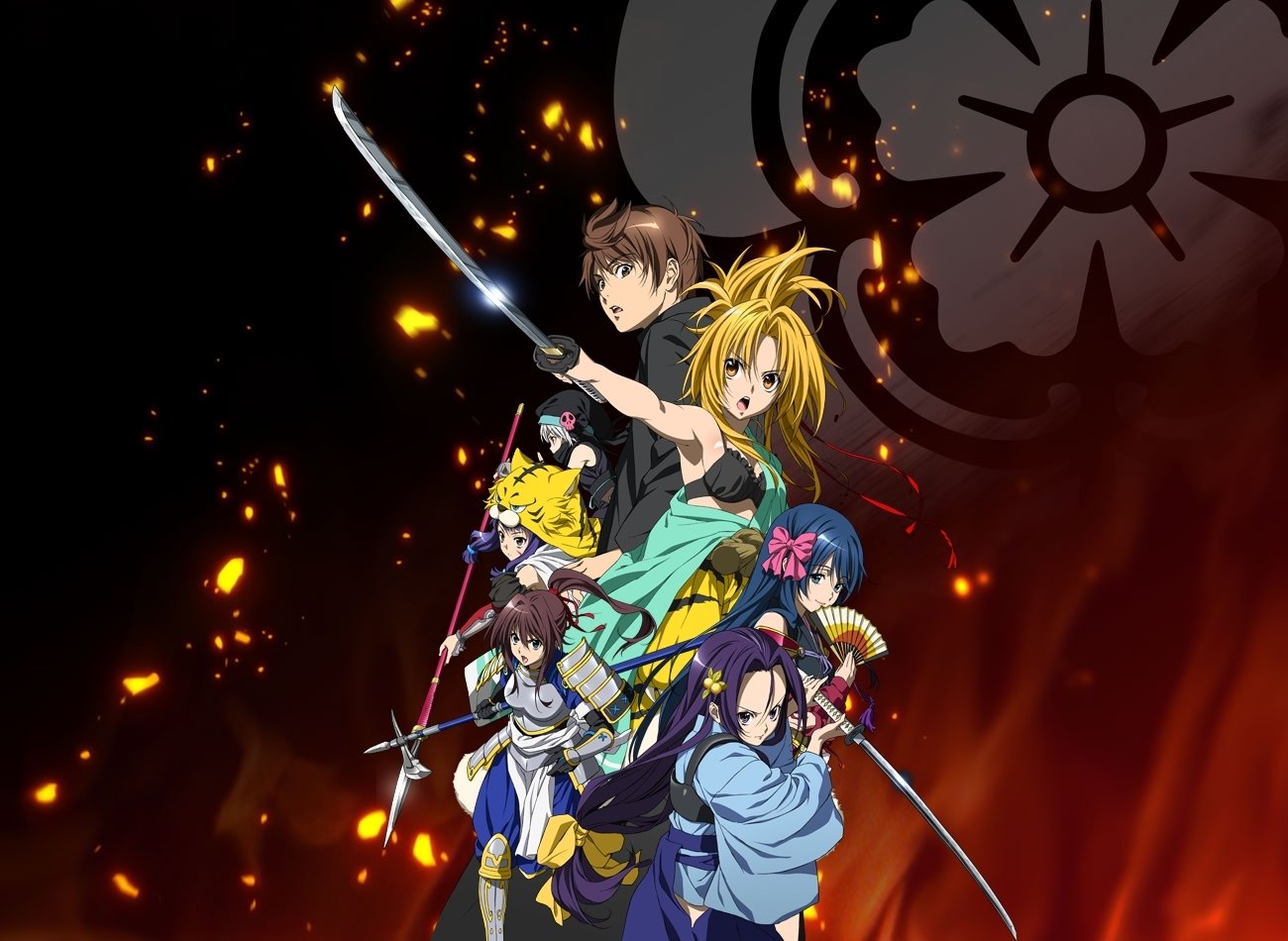 A dynamic ensemble from the anime Oda Nobuna No Yabou, featuring characters in warrior poses, set against a fiery backdrop and traditional Japanese symbolism.