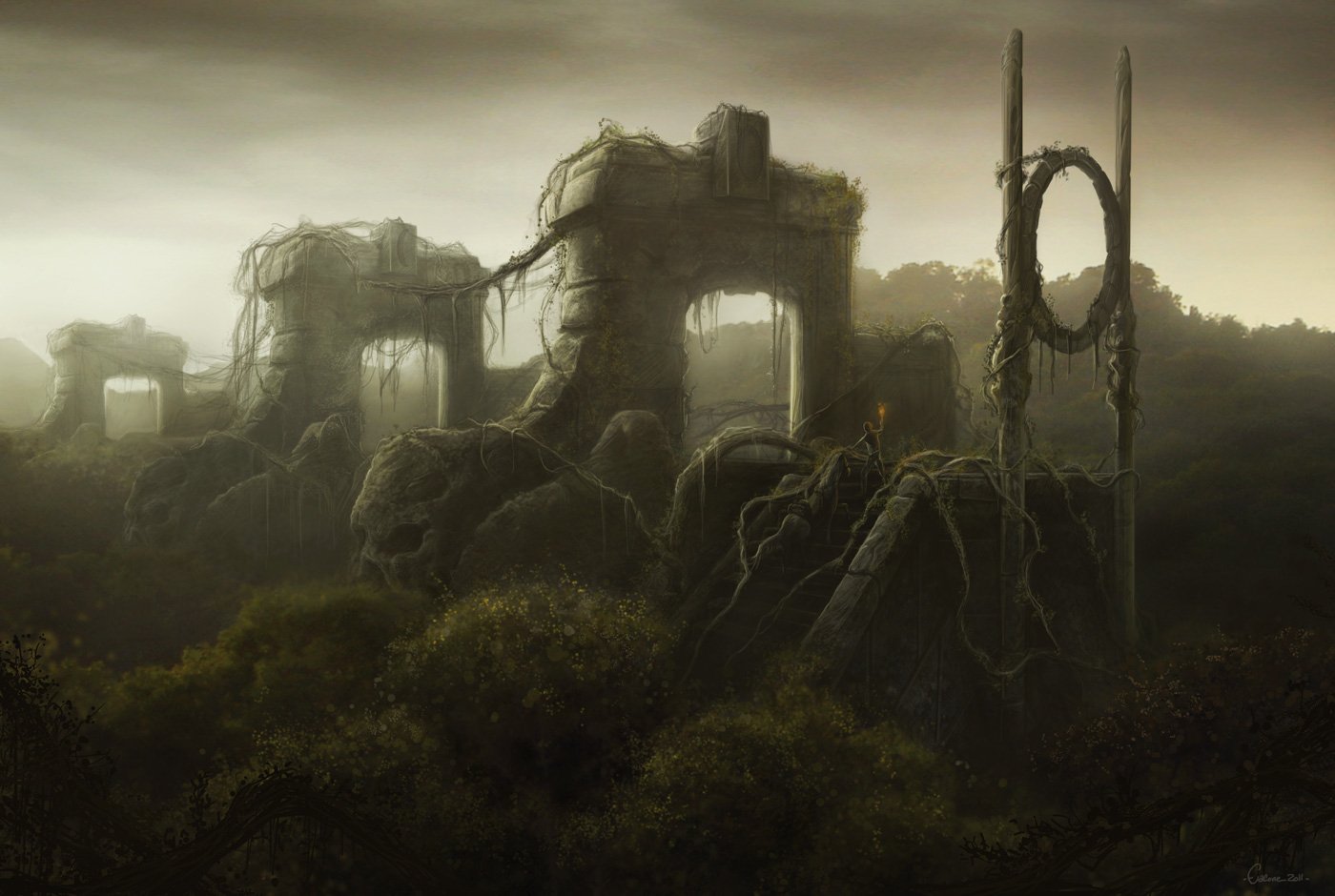 A misty fantasy landscape featuring ancient, overgrown ruins with crumbling stone arches and eerie, towering structures.