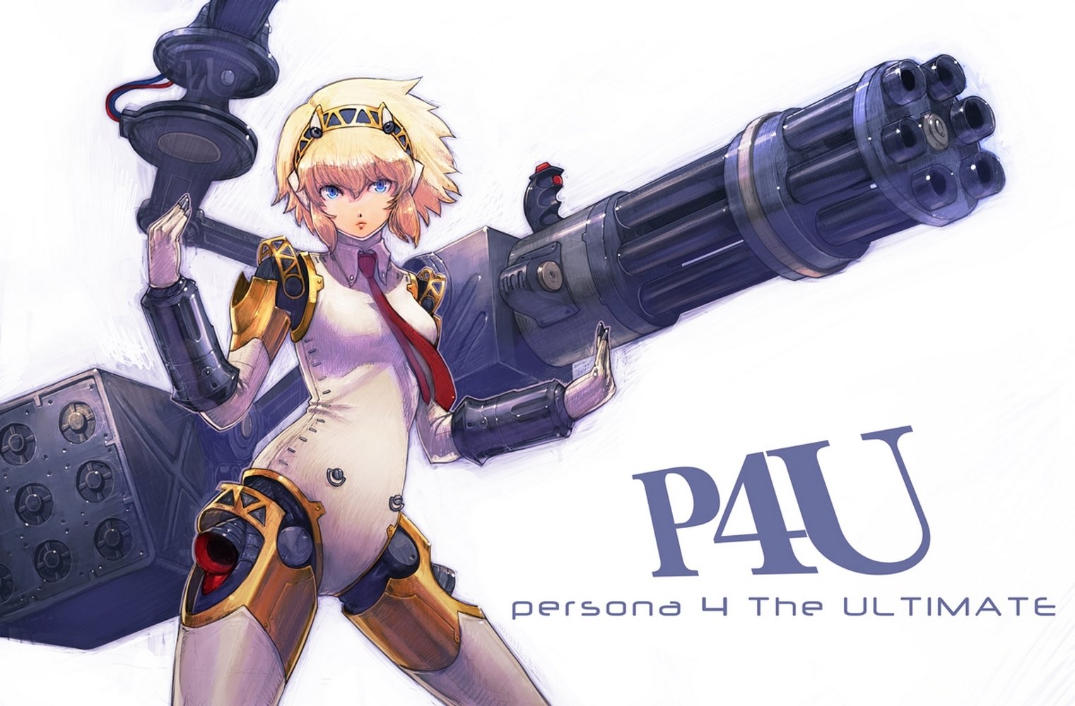 Aigis from Persona 4: Arena, a video game character, depicted wielding a large futuristic gatling gun with a determined expression.