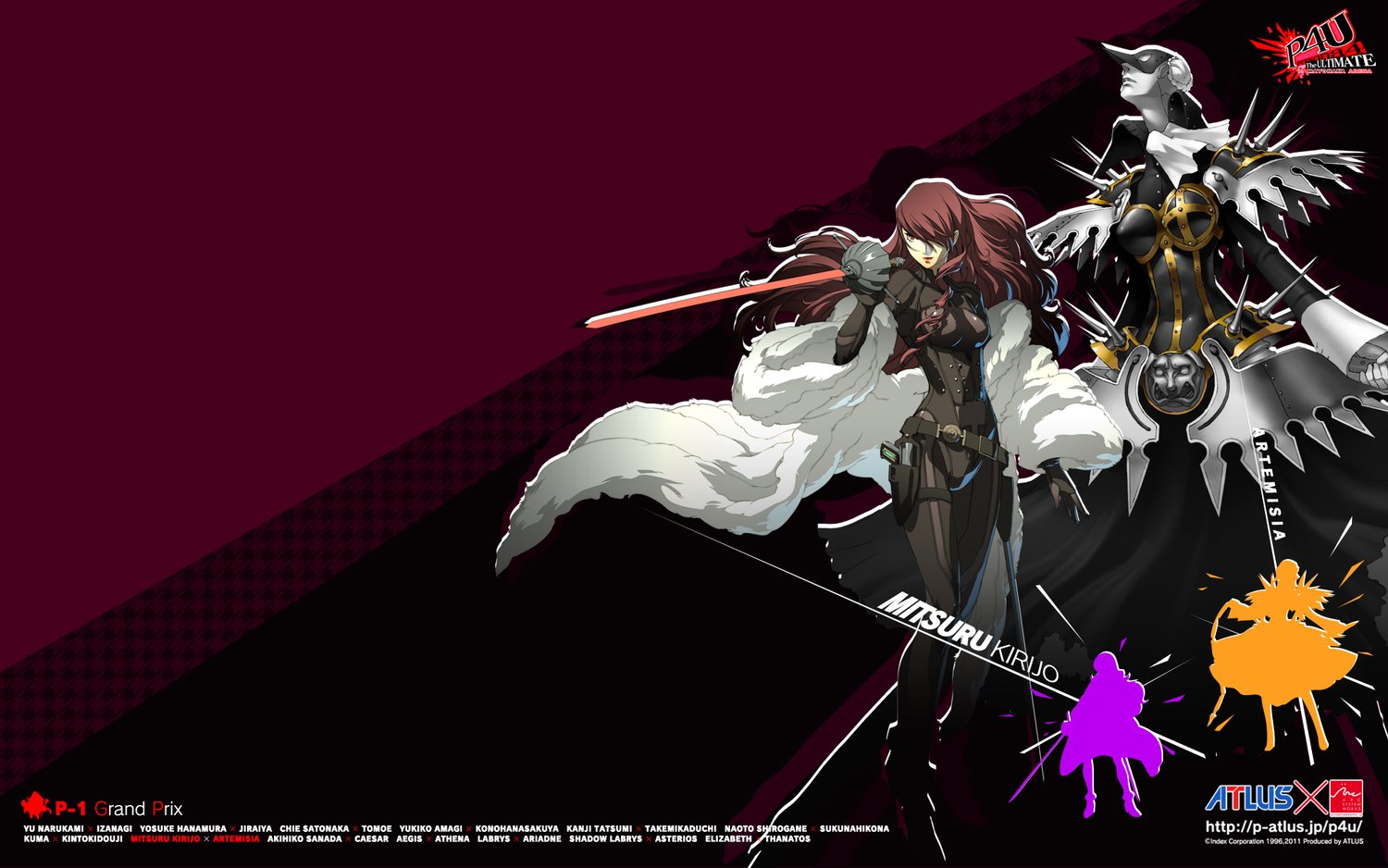 Artwork from the video game Persona 4: Arena featuring Mitsuru Kirijo in a dynamic pose alongside her Persona, showcasing the game's vibrant character design and style.