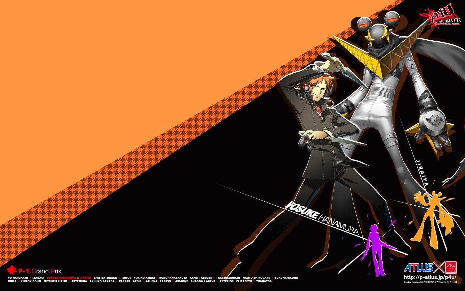Artwork from the video game Persona 4: Arena featuring a character in dark clothing poised for battle alongside a large, armored figure on an orange and black background.
