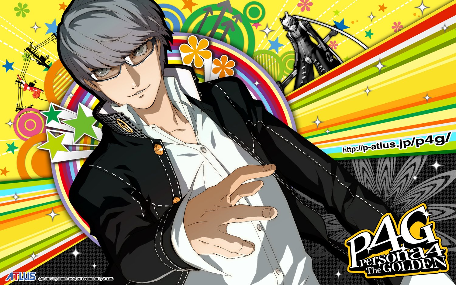 Illustration of Yu Narukami from the video game Persona 4 Golden, striking a dynamic pose against a vibrant, colorful background with stylized patterns.