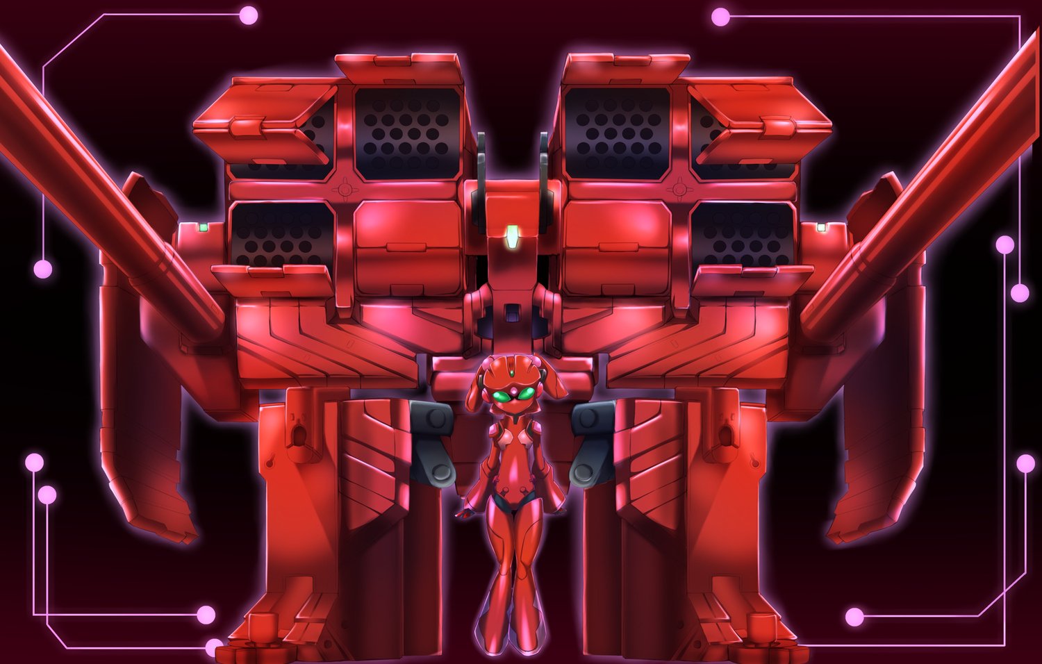 Yuniko Kouzuki as Scarlet Rain from Accel World stands poised in front of a large, futuristic red mech with glowing purple circuitry.