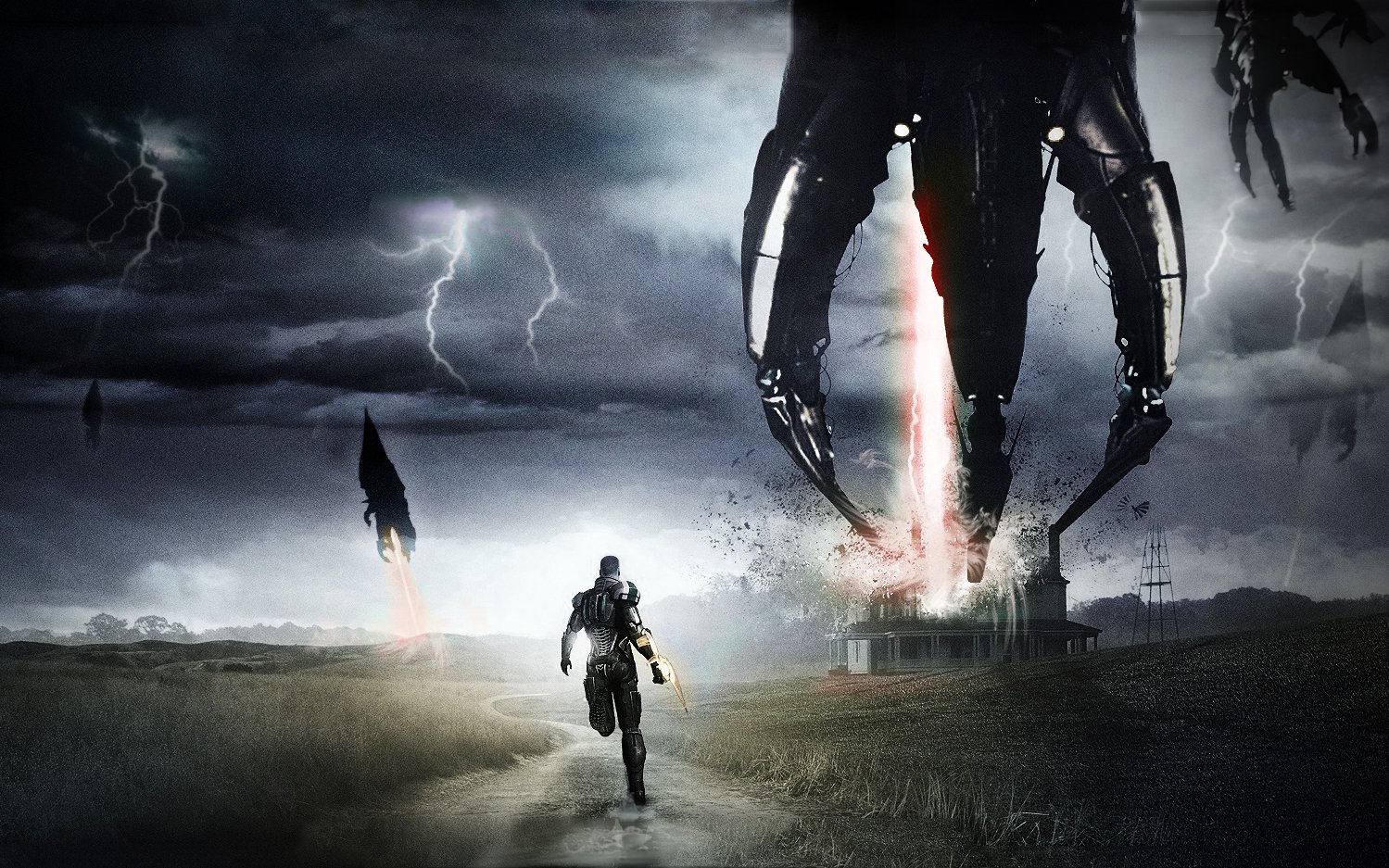 Commander Shepard runs toward a towering Reaper machine amid a dark, stormy battlefield in the video game Mass Effect 3.