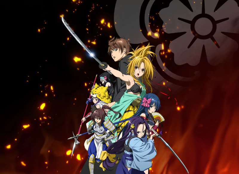 A dynamic ensemble from the anime Oda Nobuna No Yabou, featuring characters in warrior poses, set against a fiery backdrop and traditional Japanese symbolism.