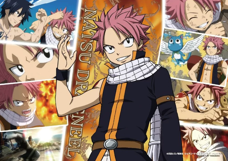 A vibrant collage featuring Natsu Dragneel from Fairy Tail, showcasing his energetic personality alongside Gray Fullbuster. Bright colors and dynamic scenes capture the anime's adventurous spirit.