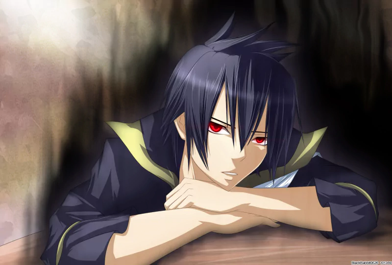 Zeref Dragneel from the anime Fairy Tail leans on a table with a contemplative expression, featuring dark hair and striking red eyes against a blurred background.