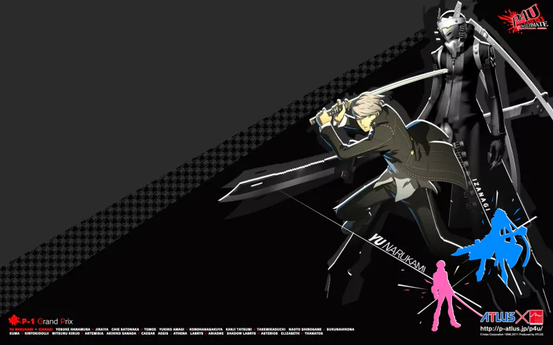 Artwork from the video game Persona 4: Arena featuring two characters in dynamic poses with swords against a black and checkered background.