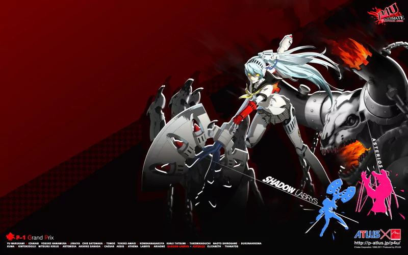Labrys, a character from the video game Persona 4: Arena, wields a large axe against a dark, fiery background in dynamic artwork.