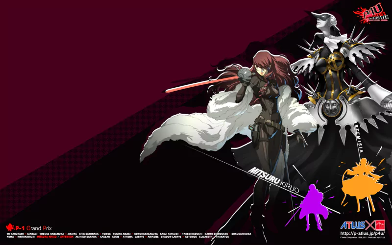 Artwork from the video game Persona 4: Arena featuring Mitsuru Kirijo in a dynamic pose alongside her Persona, showcasing the game's vibrant character design and style.