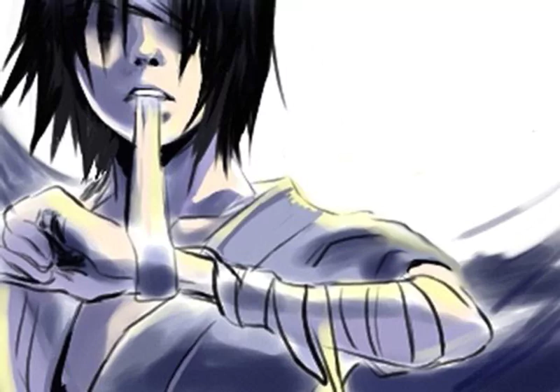 Anime-style illustration of Sasuke Uchiha from Naruto, shown making a hand sign with a focused expression and dark hair against a light background.