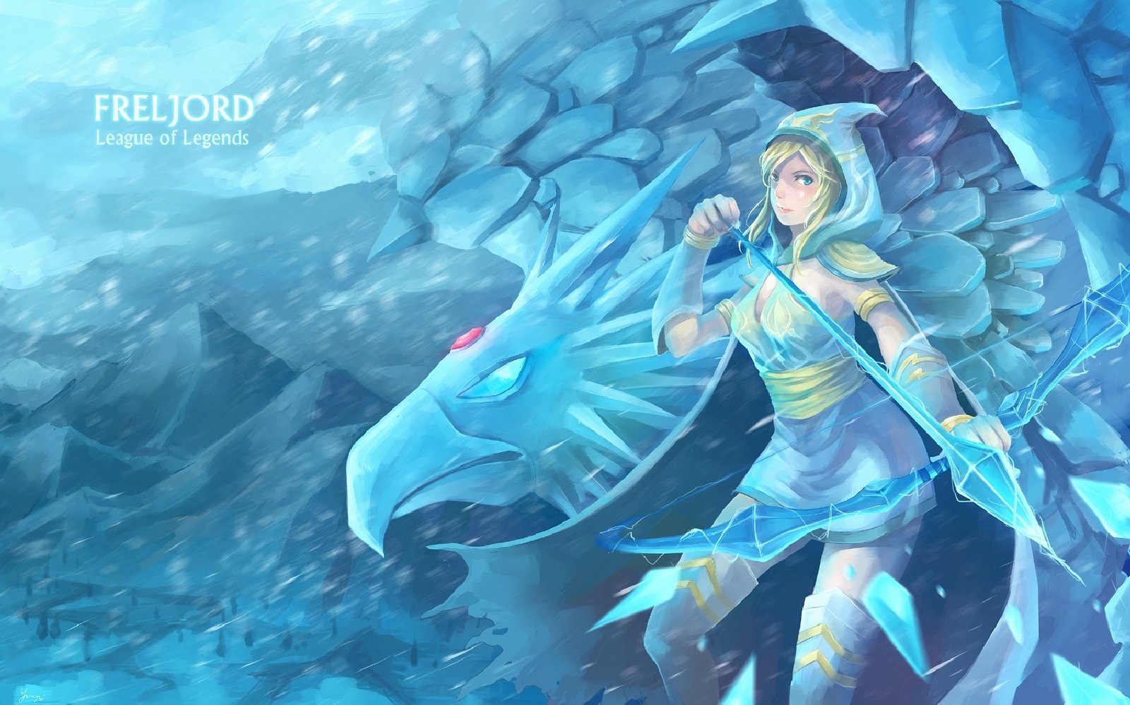Ashe from League of Legends stands in an icy, blue-toned environment with a spectral dragon in the background, showcasing the Freljord region from the video game.