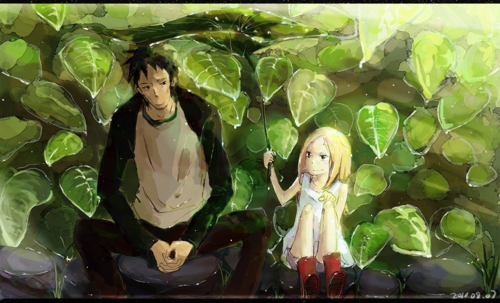 A scene from the anime Usagi Drop showing a man and a young girl sitting together under large green leaves, with light filtering softly through the foliage.