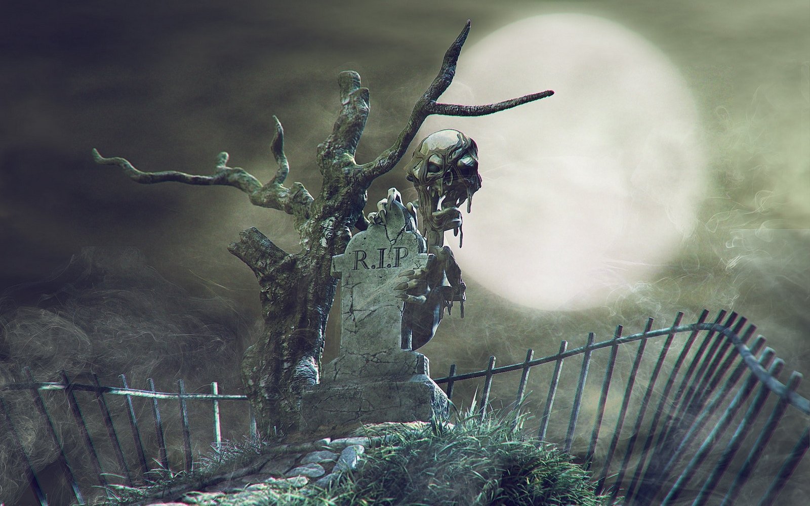 A dark, eerie graveyard scene with a twisted, gnarled tree growing around a weathered tombstone marked R.I.P., illuminated by a large full moon.