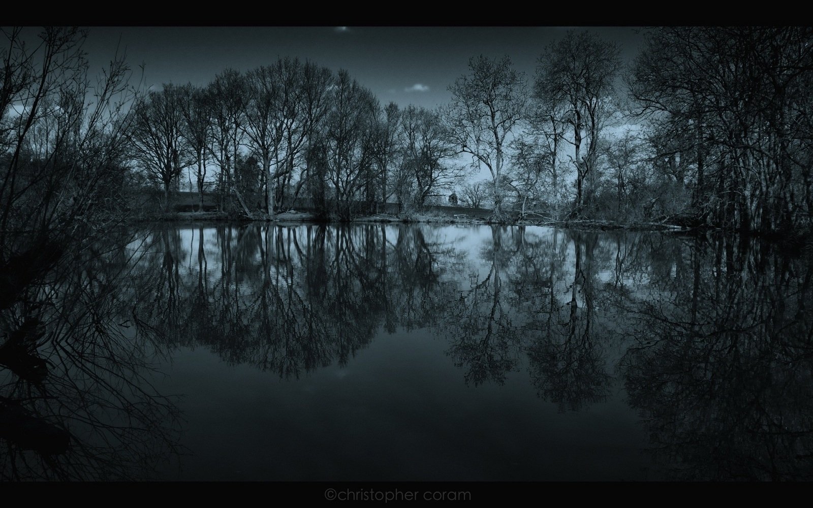 Black and white photograph of trees reflected on the calm surface of a dark lake, capturing serene nature and water in a moody atmosphere.
