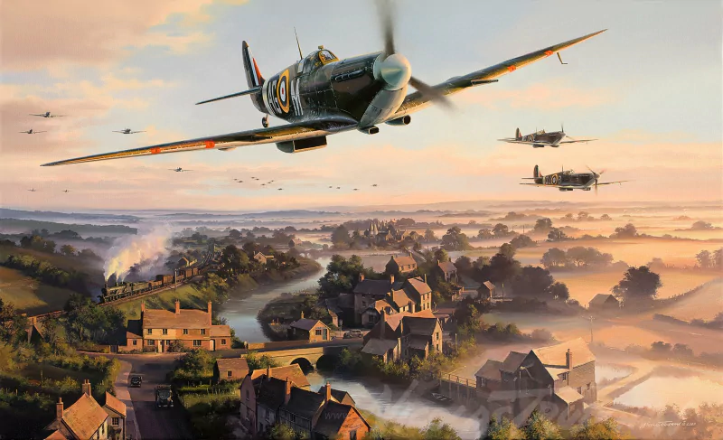 A few Spitfires Fly over a town.