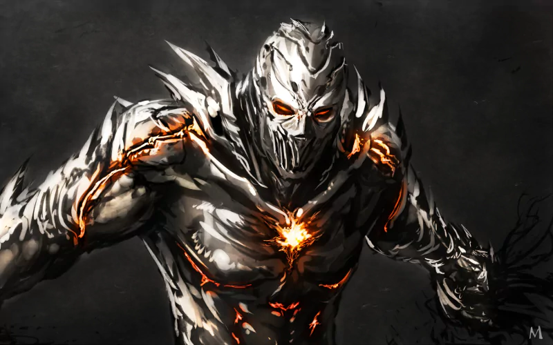 An imposing fantasy creature with a metallic, spiked exterior and glowing orange highlights stands menacingly, exuding a powerful and otherworldly presence.