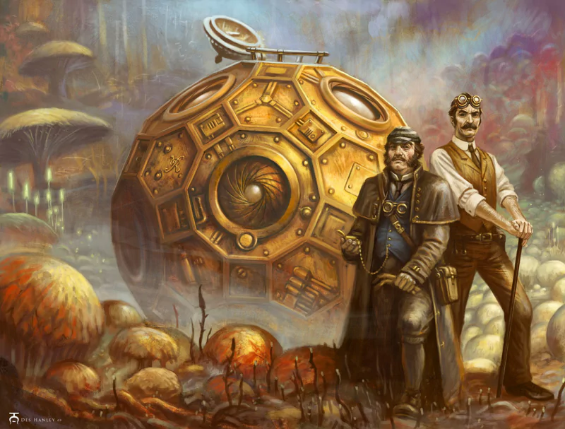 Two men stand in front of a detailed golden sci-fi time machine amidst an otherworldly landscape with oversized mushrooms and a hazy sky.