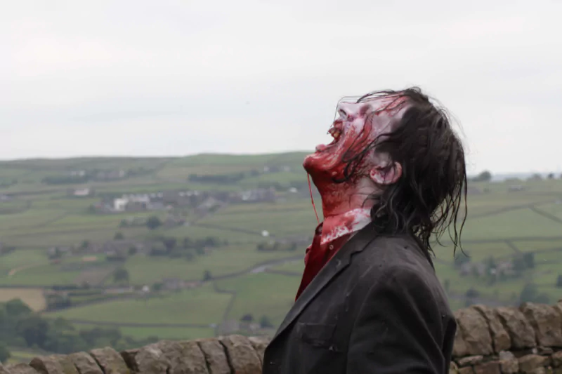 Bloodied person in a dark coat tilts their head back in a scream by a stone wall, misty fields stretching behind — scene from the movie Before Dawn.