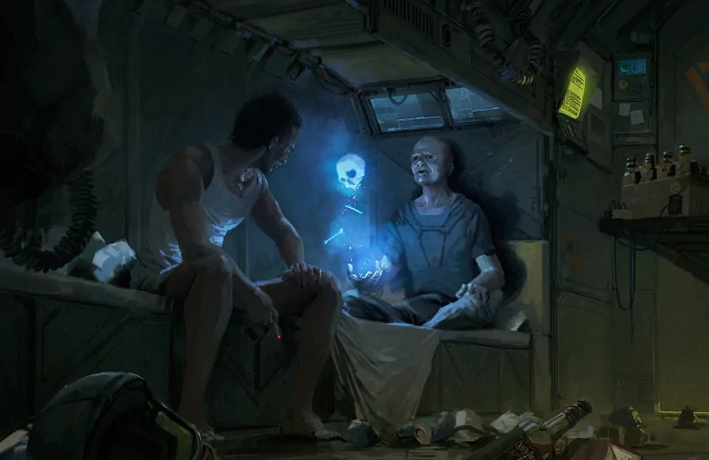 Two men in a dim sci-fi fantasy setting, one conjuring a glowing blue skull-shaped apparition amid scattered bottles and equipment.