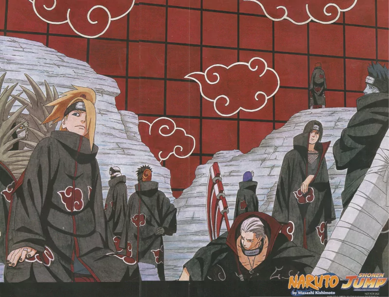 A gathering of notable characters from Naruto, including Itachi Uchiha, Kakuzu, Zetsu, Deidara, Konan, Kisame Hoshigaki, Obito Uchiha, Hidan, and Pain, set against a striking backdrop.