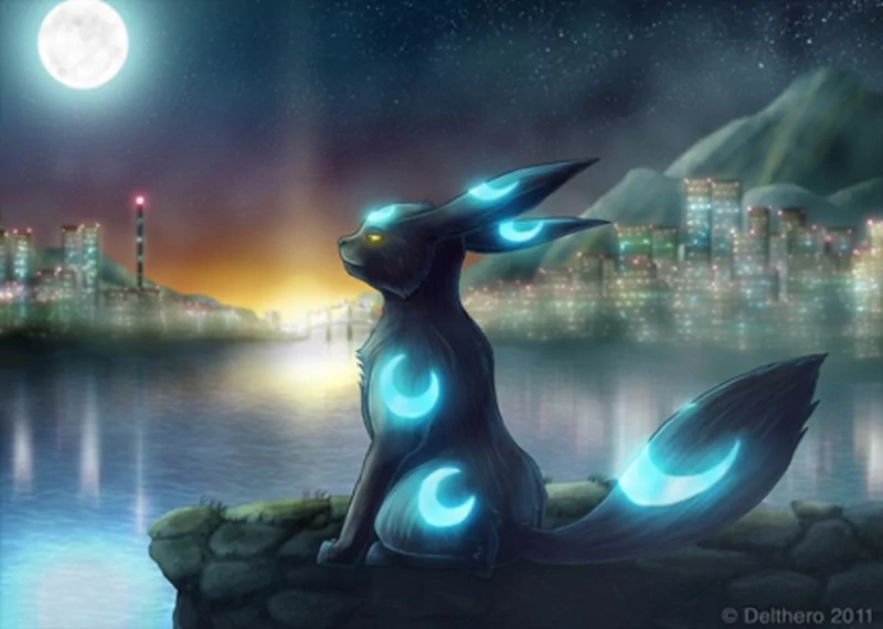A shiny Umbreon sits by the water, illuminated by moonlight, with a vibrant city skyline in the background, capturing the essence of dark Pokémon and Eeveelutions in this anime artwork.