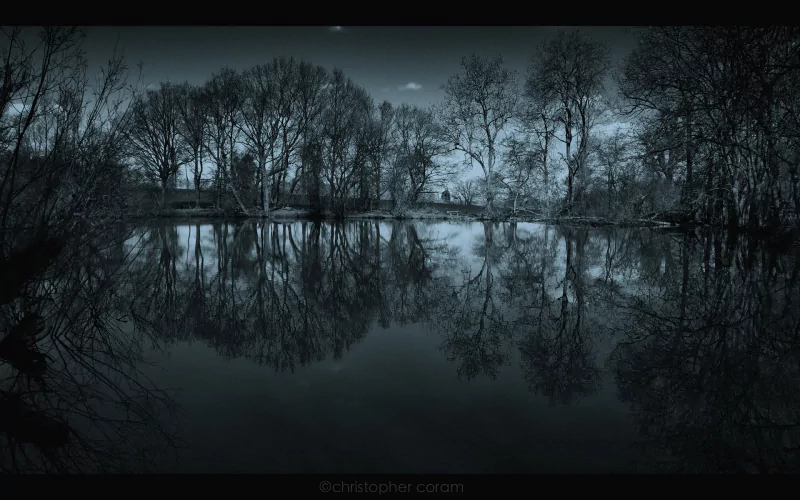 Black and white photograph of trees reflected on the calm surface of a dark lake, capturing serene nature and water in a moody atmosphere.