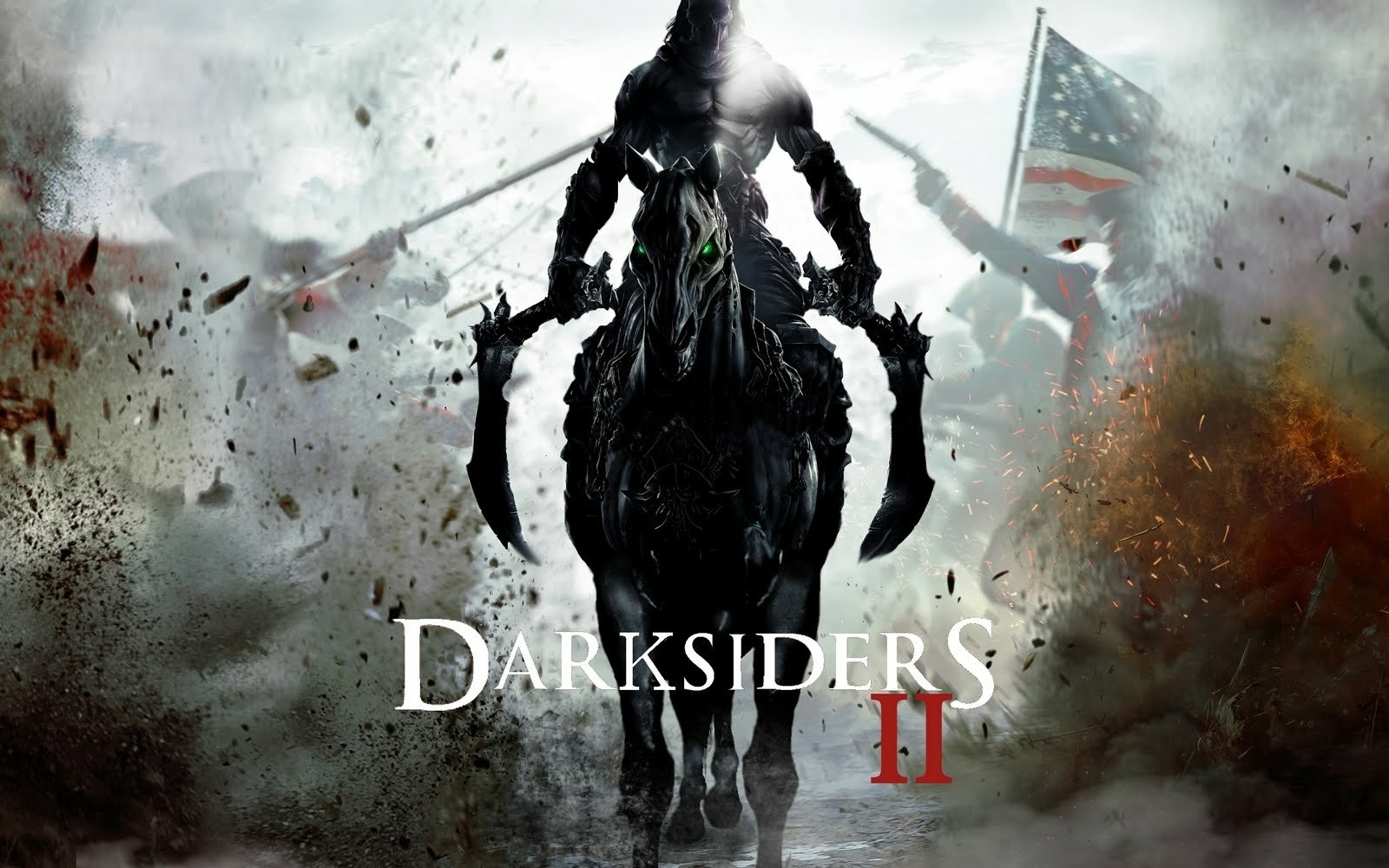 Dark figure riding a horse through a smoky battlefield with a tattered American flag in the background, featuring the title Darksiders II from the video game.