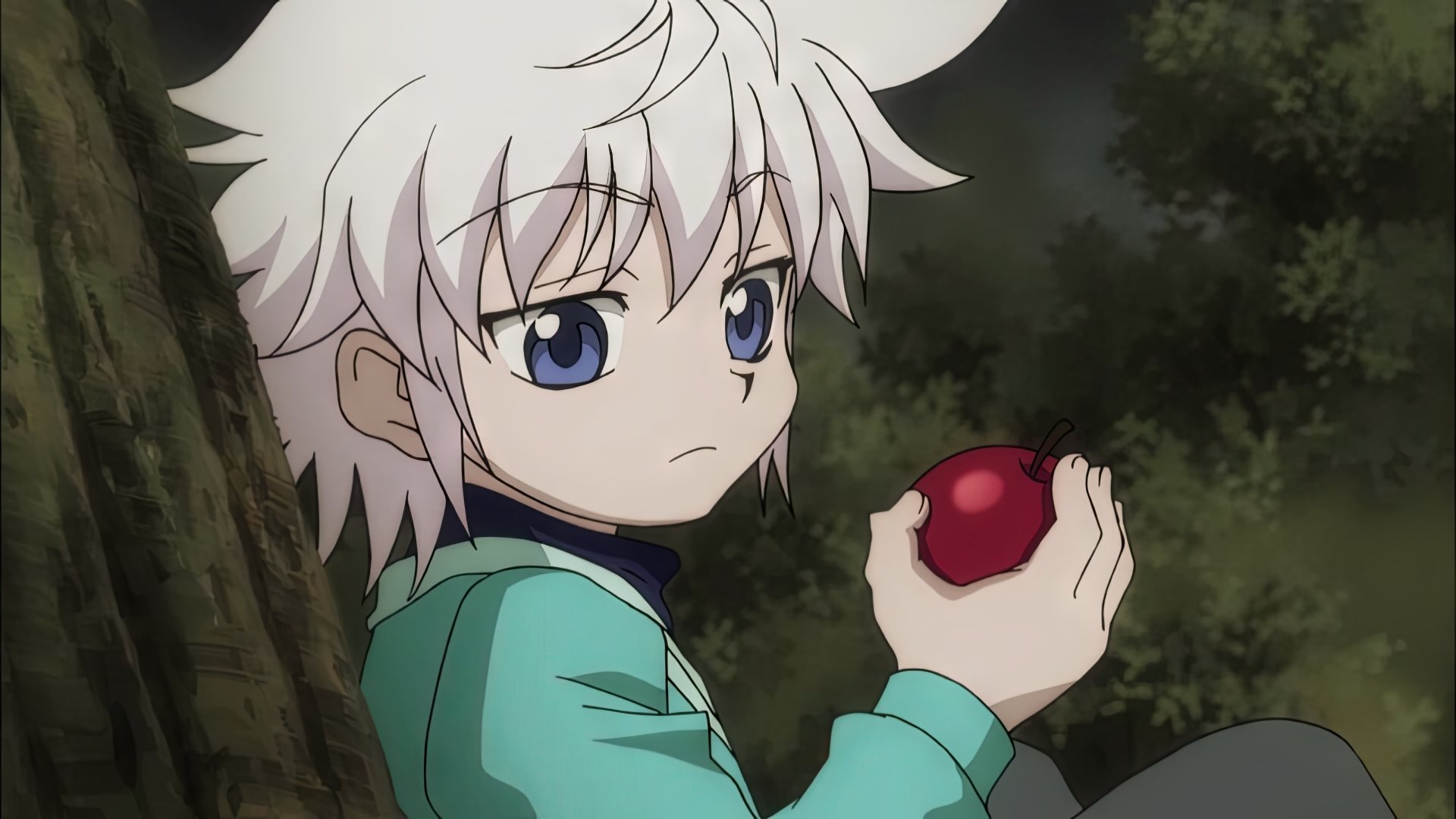 Killua Zoldyck from Hunter x Hunter sits against a tree, holding a red apple and looking thoughtfully into the distance.
