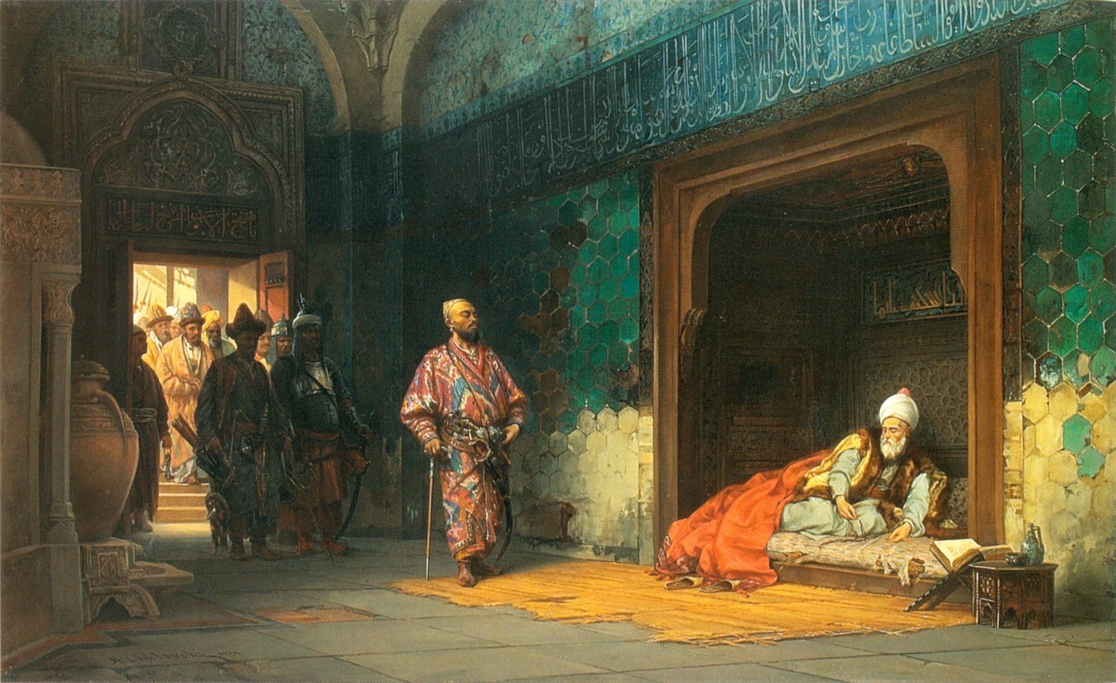 Artistic depiction of an Ottoman Empire interior scene, featuring richly dressed figures and intricate tilework in a historic palace setting.
