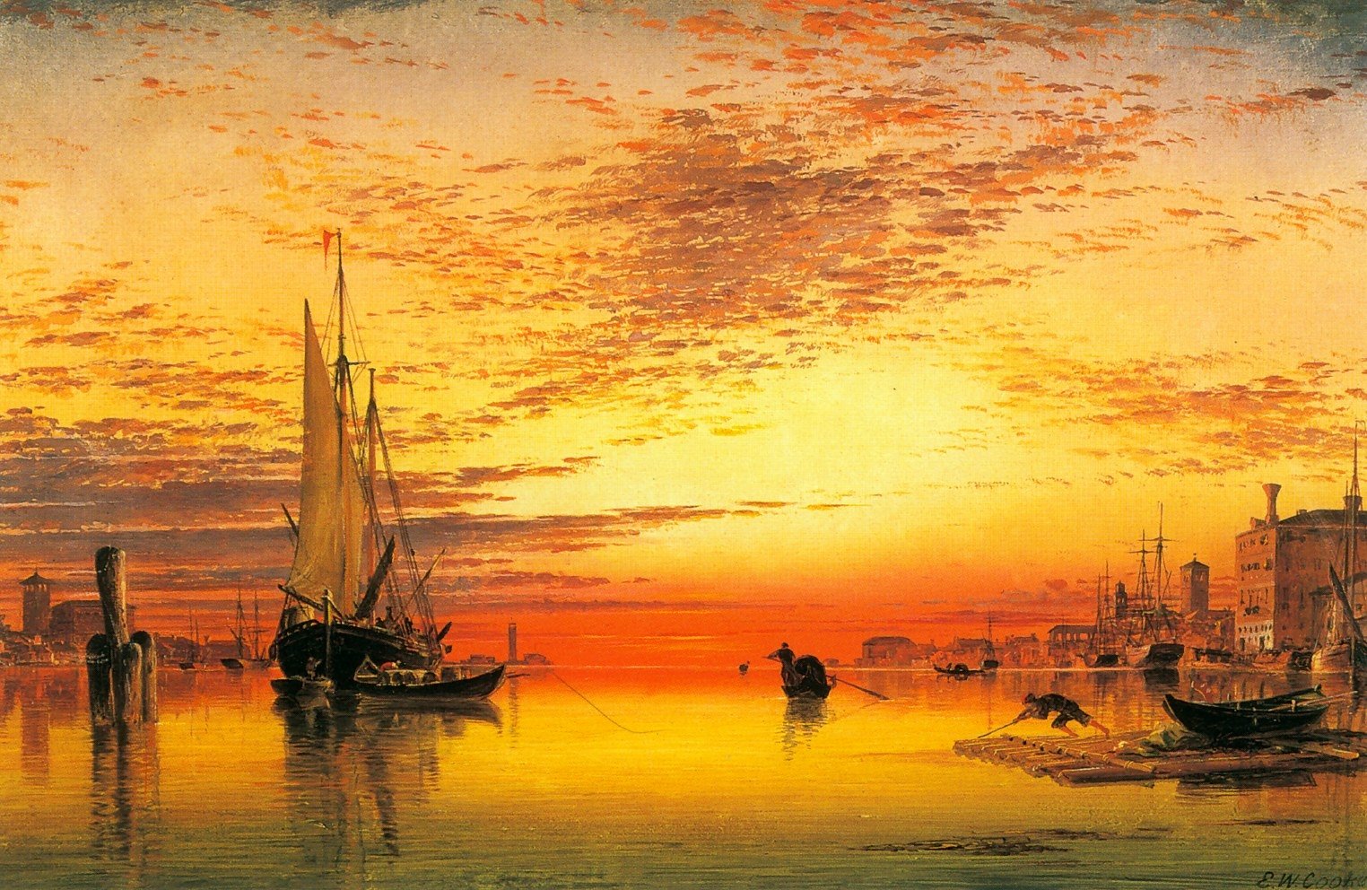 Artistic oil painting depicting a serene harbor at sunset with boats gently floating on calm waters under a vibrant, colorful sky.