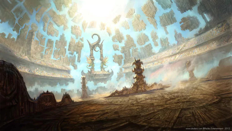 A vast fantasy landscape featuring ancient, towering stone structures beneath a radiant, fragmented sky in an expansive, otherworldly setting.