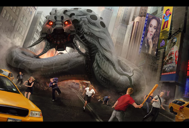 A giant robotic snake monster rampages through a city street as people flee in panic, blending sci-fi elements with a menacing creature in an urban setting.