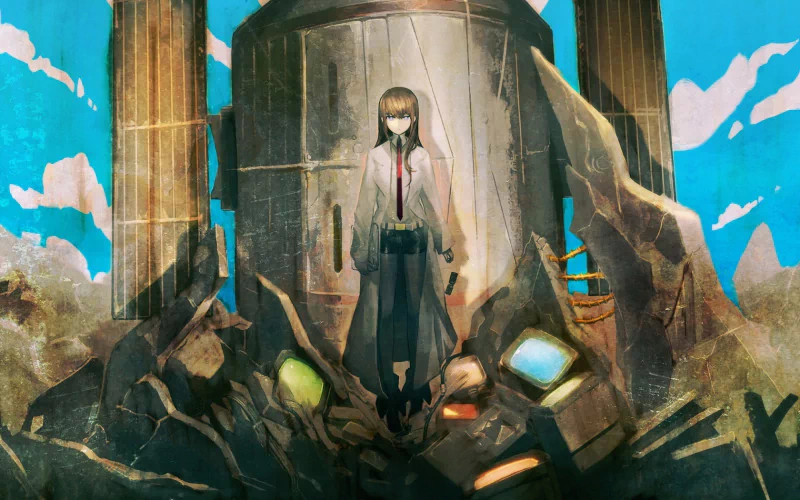 Kurisu Makise stands amidst rubble in an animated scene from Steins;Gate, with a futuristic structure behind her and a vivid blue sky above.
