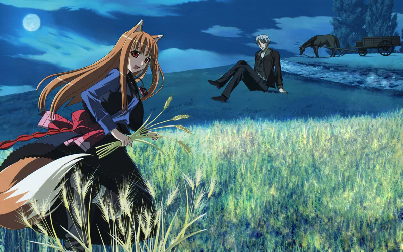 Anime scene from Spice and Wolf featuring Holo with her fox ears and tail holding wheat, and Kraft Lawrence sitting in a moonlit wheat field with a cart in the background.