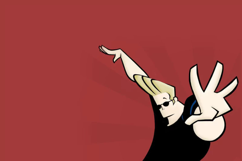 Johnny Bravo from the TV show striking a dramatic pose with sunglasses and arms outstretched against a flat red background.