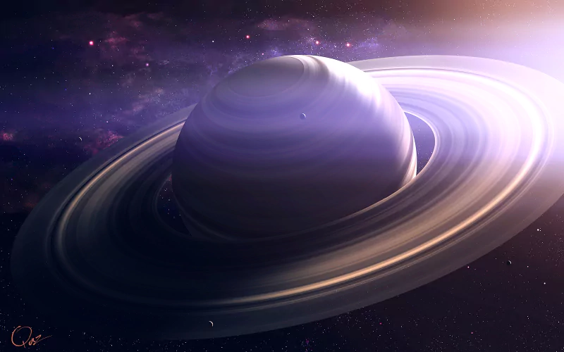 A sci-fi depiction of the planet Saturn surrounded by its iconic planetary rings, glowing softly against a cosmic background.