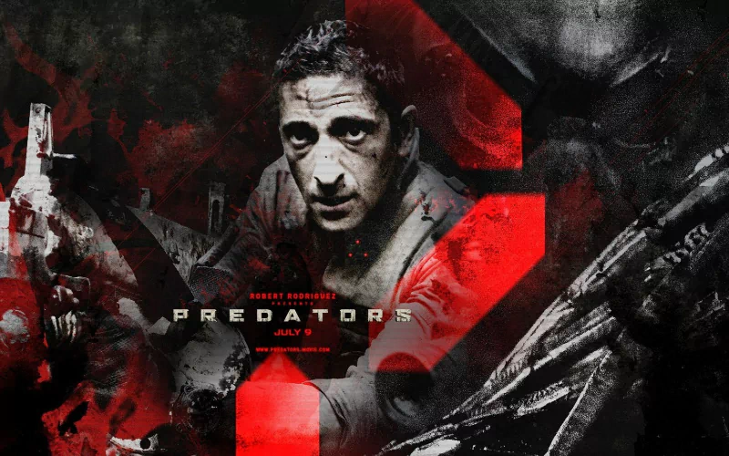 A gritty, intense promotional image for the movie Predators featuring a determined character in the center with weapons and dark, ominous background elements.