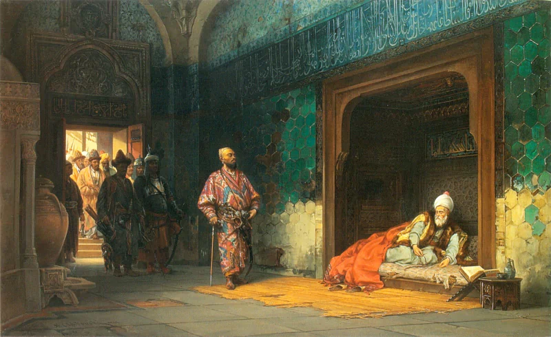 Artistic depiction of an Ottoman Empire interior scene, featuring richly dressed figures and intricate tilework in a historic palace setting.