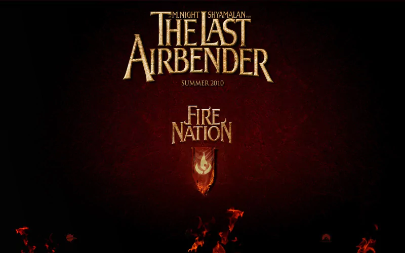 Promotional poster for the movie The Last Airbender, featuring the title, director's name, summer 2020 release, and the Fire Nation emblem on a dark background.