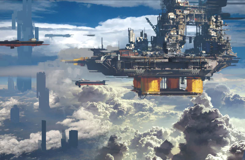 Scene from the video game Strike Vector: a massive floating sky fortress and platforms hover above sunlit clouds as sleek combat fighters streak between towering spires.