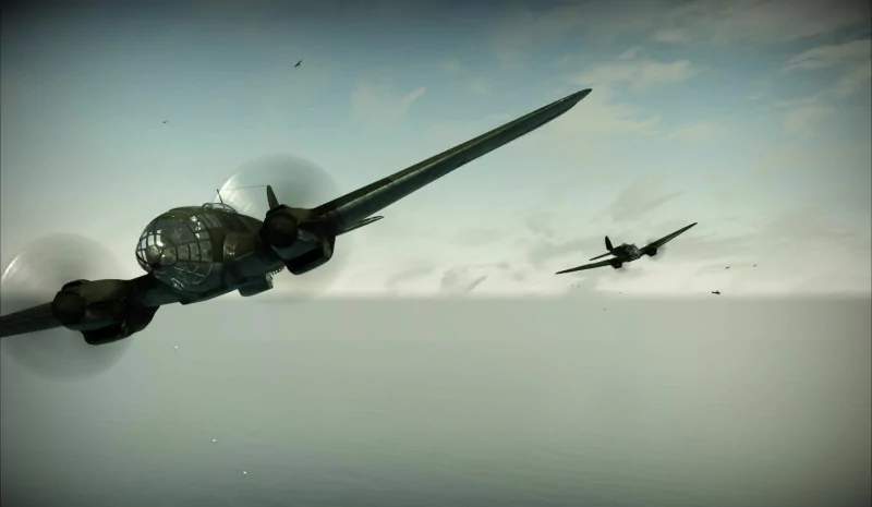 Two Heinkel He 111 military aircraft fly through a cloudy sky, with one plane prominently in the foreground and another trailing behind.